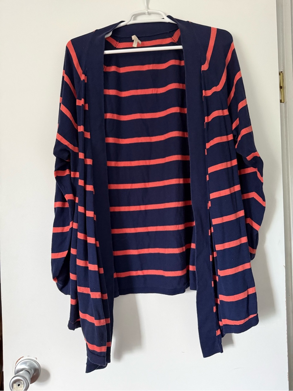 Navy and Coral Striped Open-Front Women's Cardigan